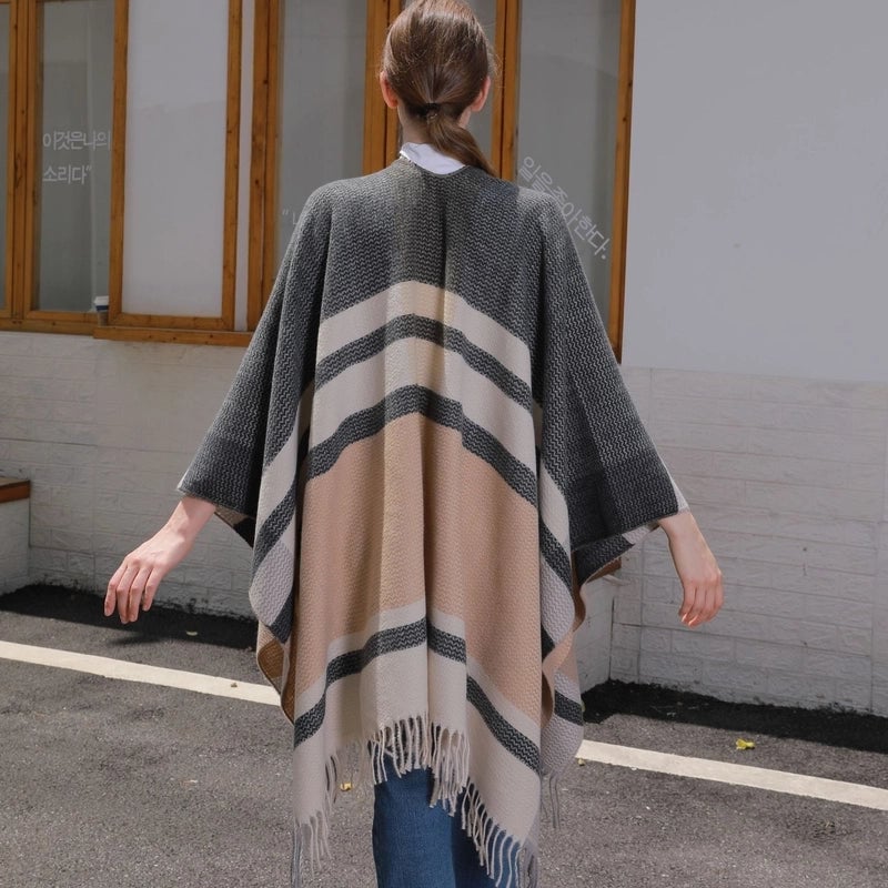 New Tassel Split Shawl Autumn And Winter Women's Simple Plaid Jacquard Scarf Cloak Hot Selling