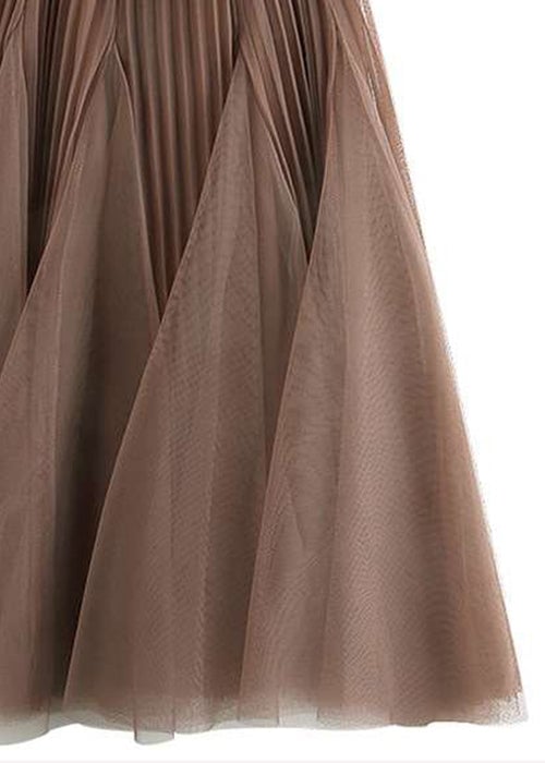Women Brown Wrinkled Elastic Waist Tulle Skirts Spring