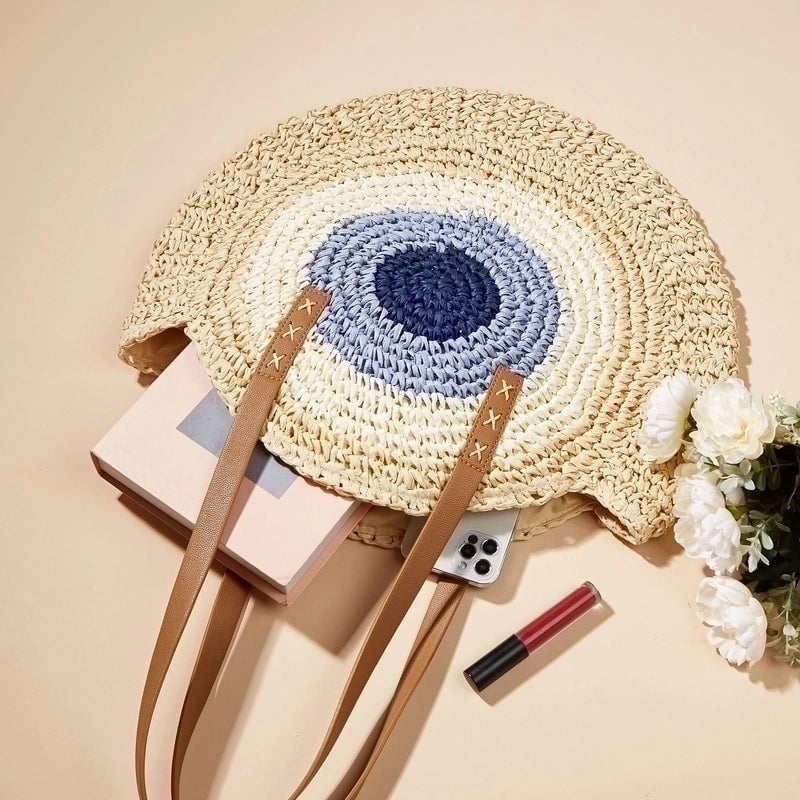 Women's Medium Straw Geometric Vintage Style Weave Round Zipper Straw Bag