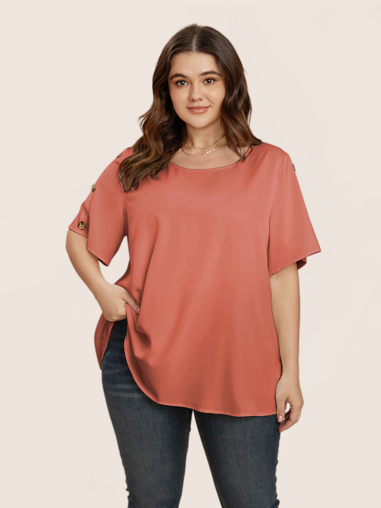 Plain Round Neck Button Detail Blouse