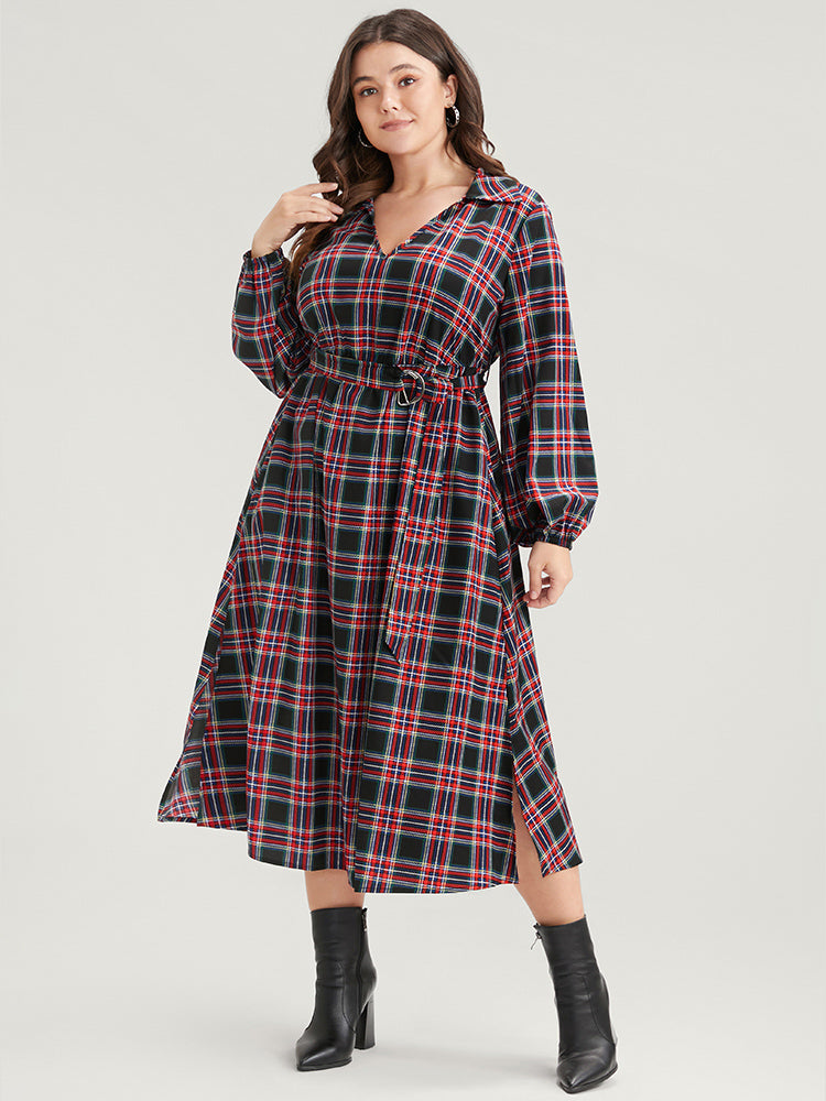 Tartan Lantern Sleeve Pocket Belted Midi Dress