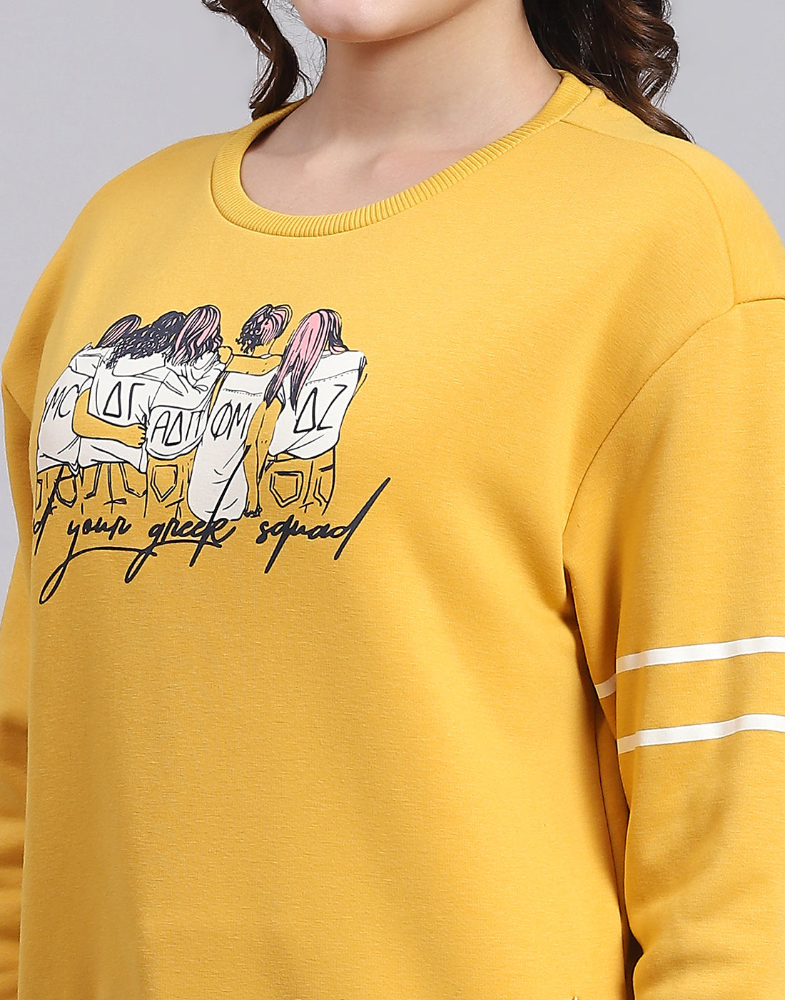 Women Yellow Printed Round Neck Full Sleeve Sweatshirt