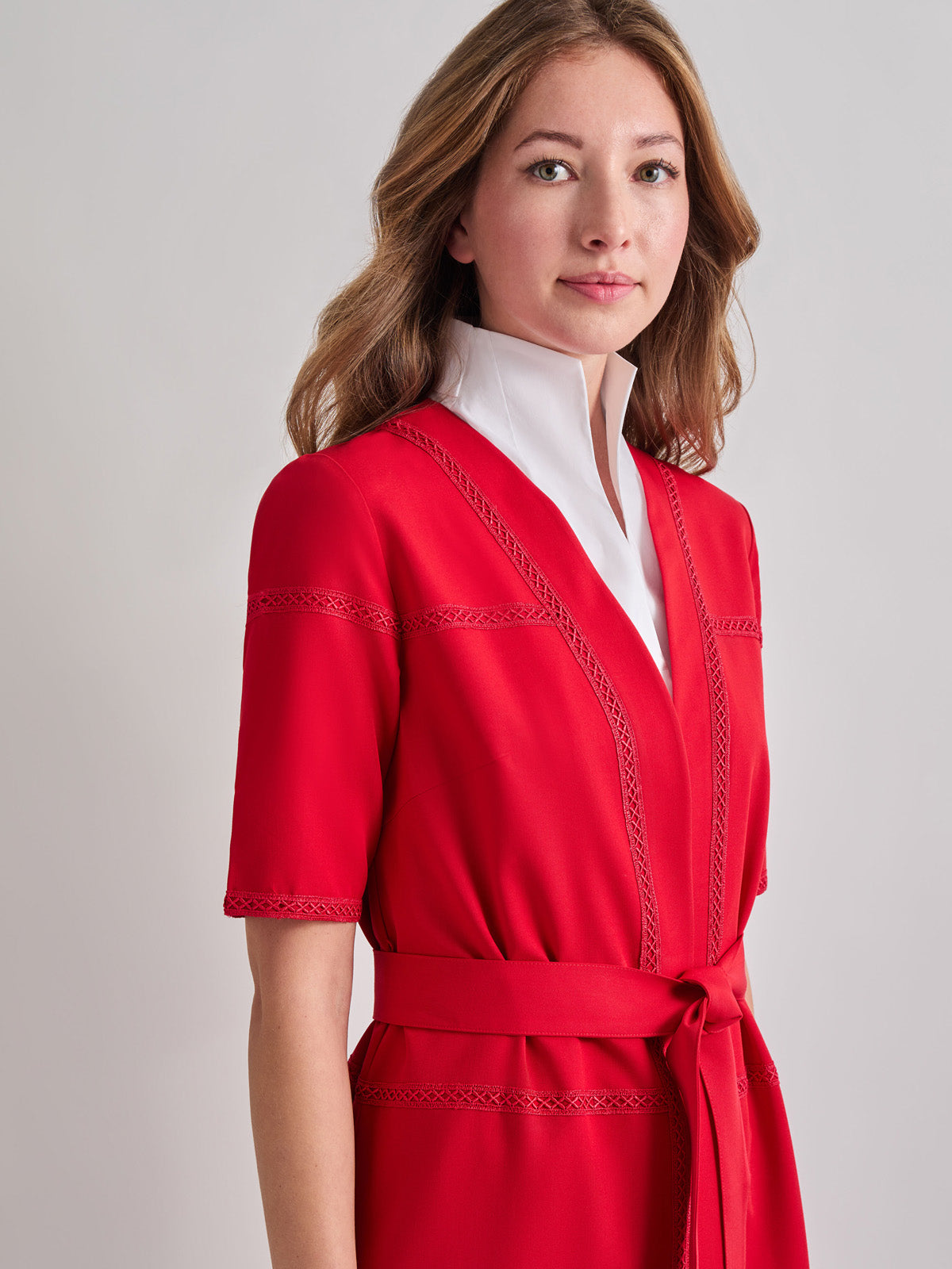 Short Sleeve Belted Stretch Crepe Duster