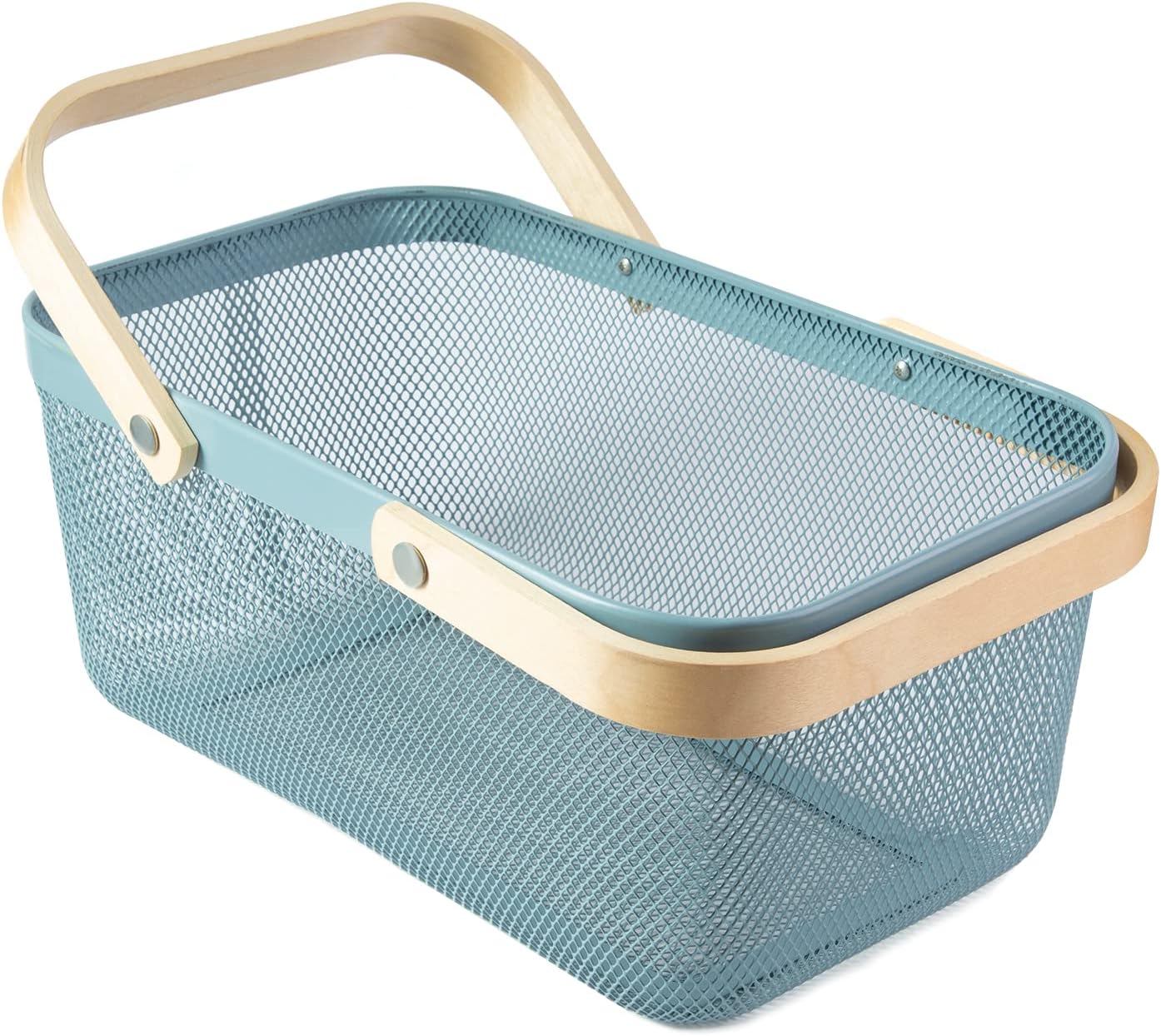 Rectangular Mesh Basket With Double Wooden Handle- Blue