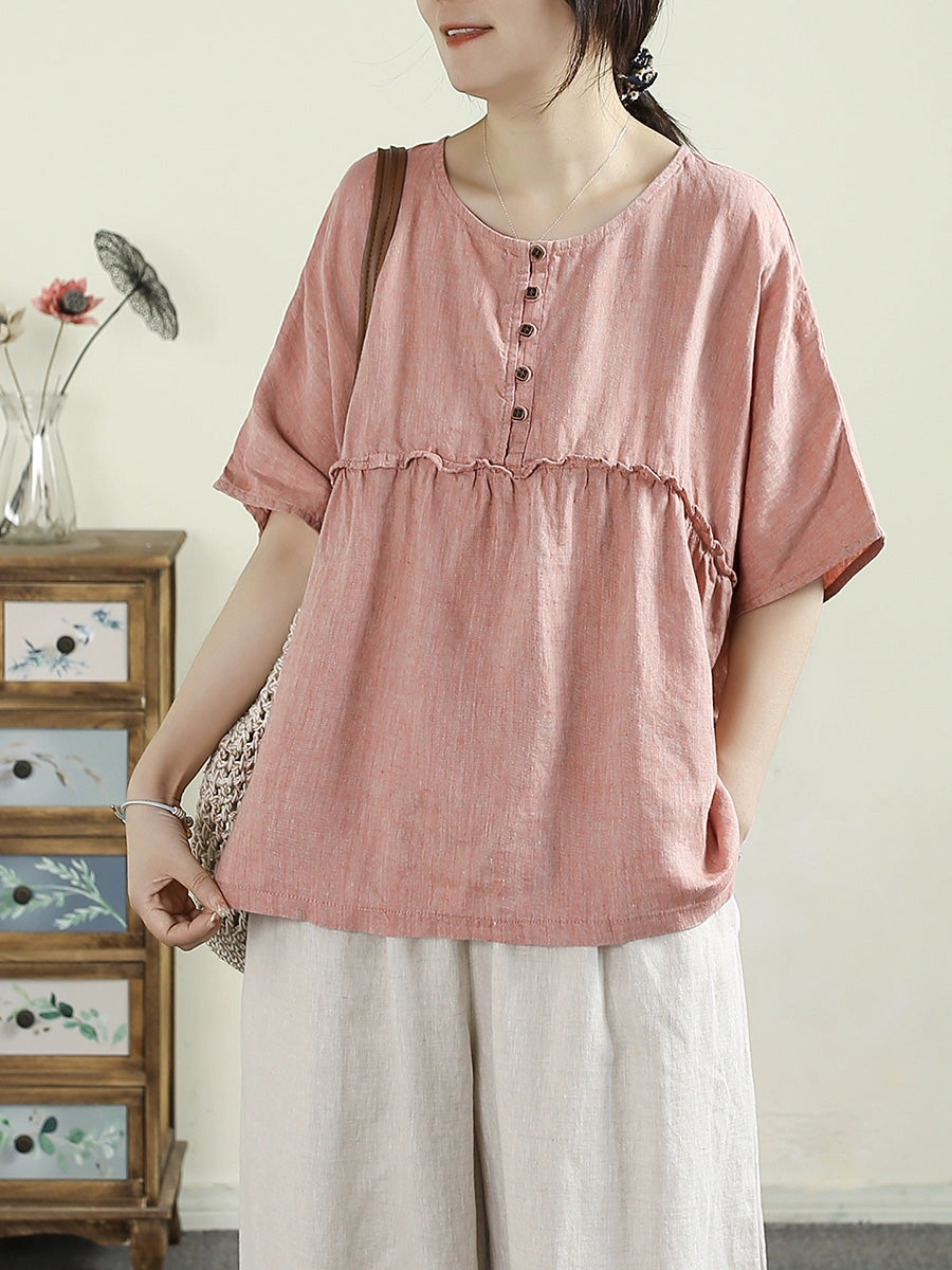 Women Summer Vintage Pure Color Spliced 100%Linen O-Neck Shirt