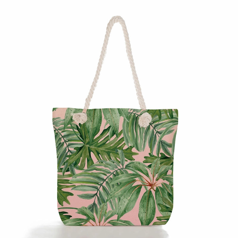 Green Leaf Printed Cotton Rope Bag Large Capacity Shoulder Bag Student Book Tote Bag Printable Logo