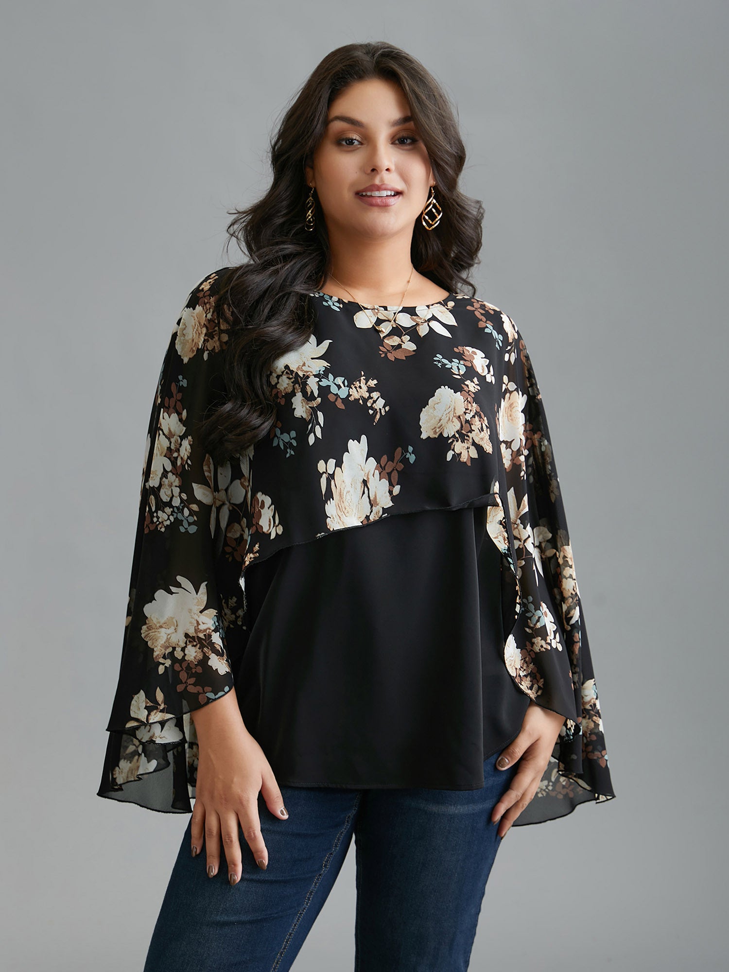 Floral Chiffon High Low Hem Ruffles Blouse