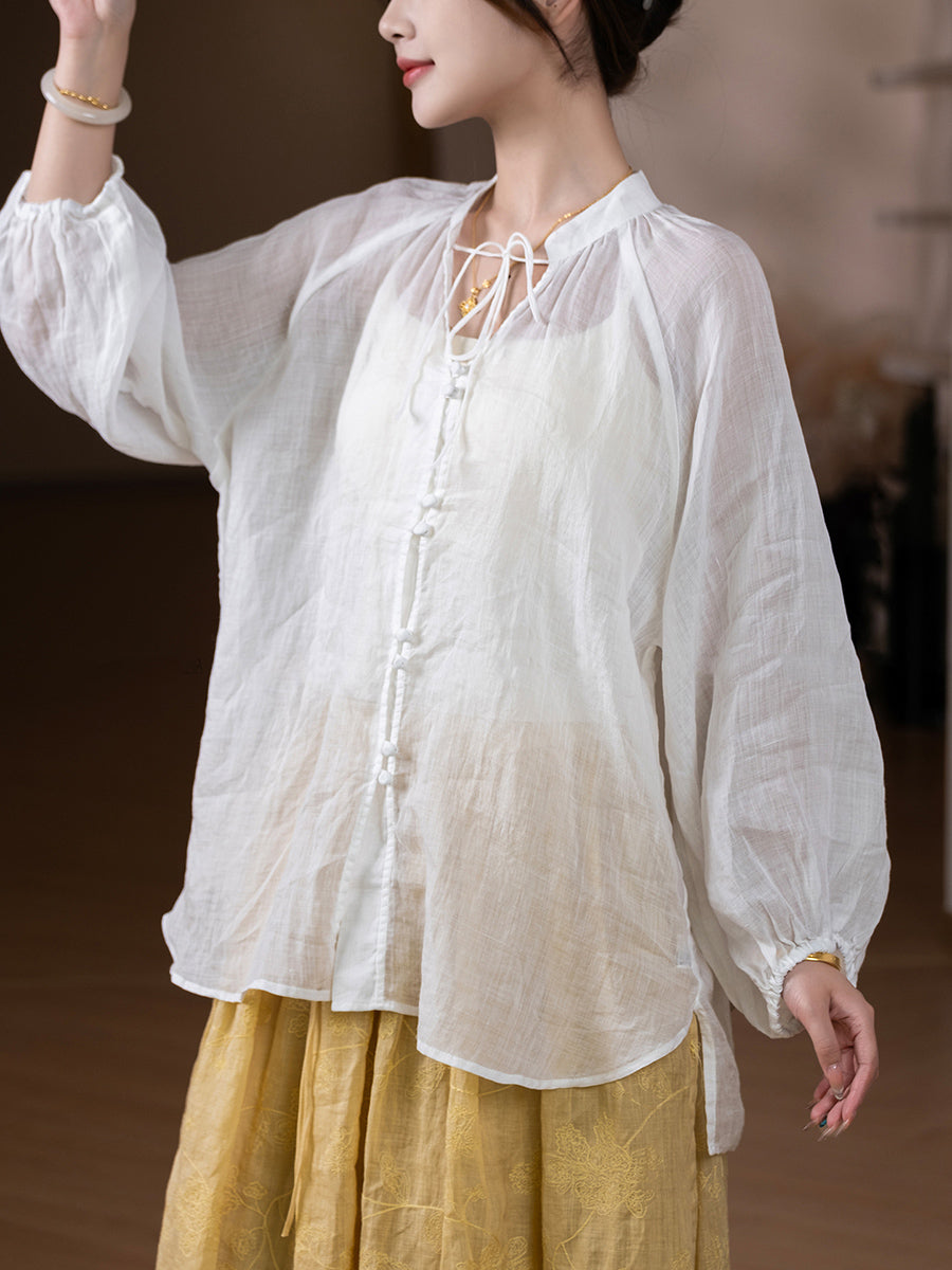 Women Summer Artsy Pure Color V-Neck 100%Ramie Shirt