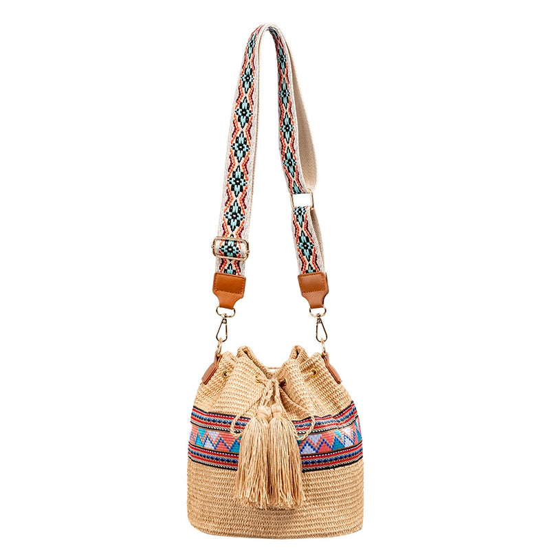 Women's Medium Polyester Straw Geometric Solid Color Vacation Ethnic Style Weave Bucket String Bucket Bag