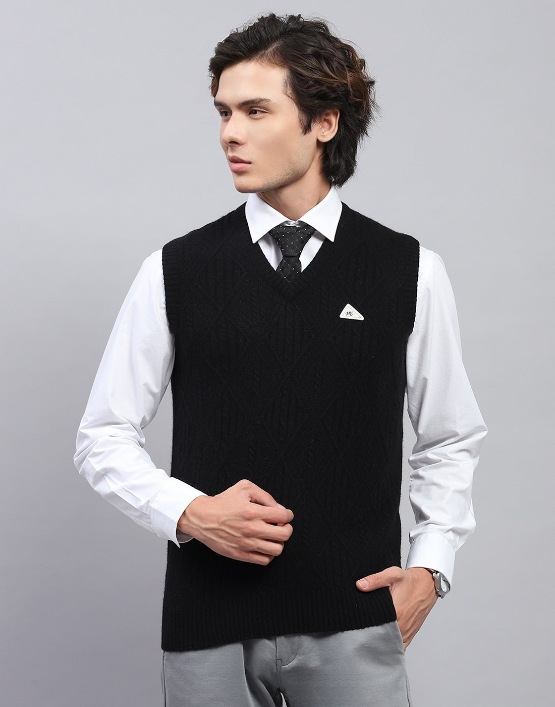 Men Black Self Design V Neck Sleeveless Sweater