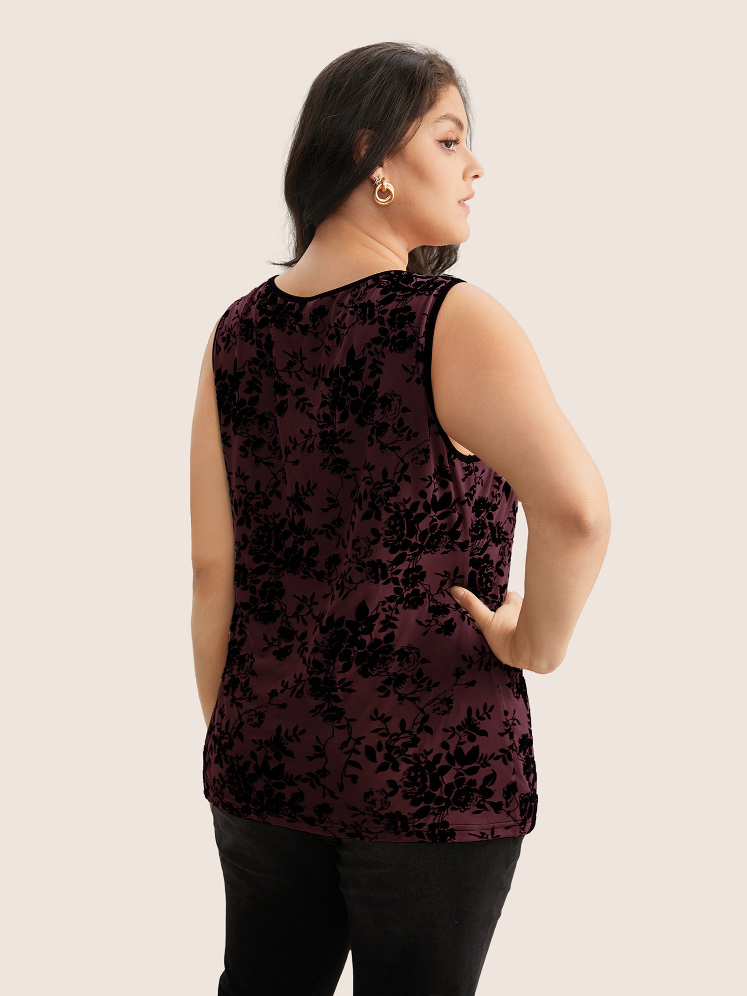 Silhouette Floral Print Flocking Square Neck Tank Top
