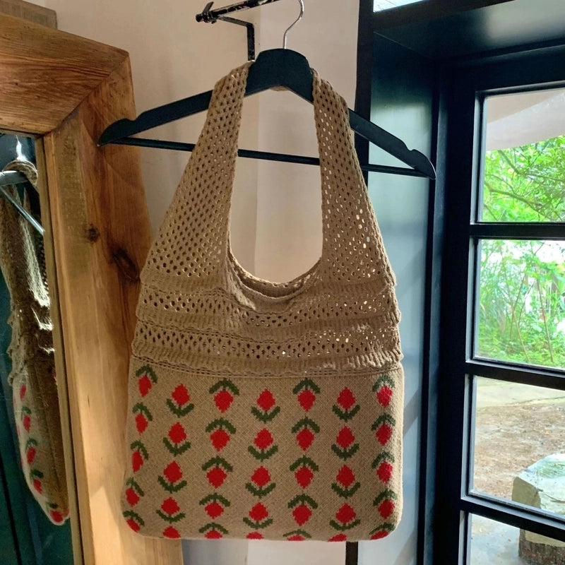 Women's Medium Knit Flower Vintage Style Weave Open Shoulder Bag