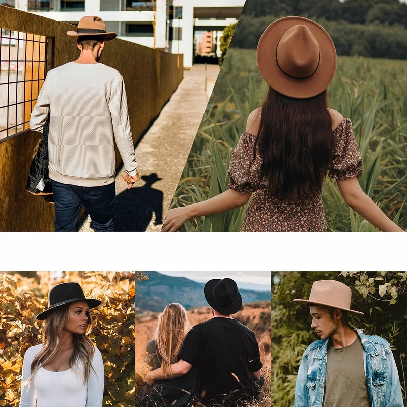 Style Vintage Solid Color Flat Rim Jazz Hat Men's British Belt Decorative Big Brim Top Hat Women
