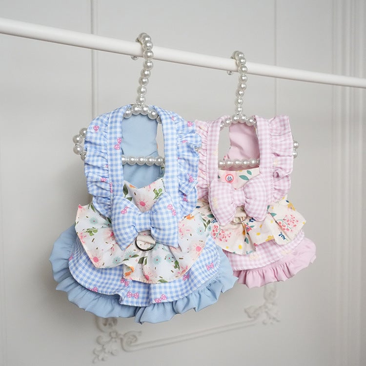 Floral Plaid Ruffled Dog Cat Dress Harness