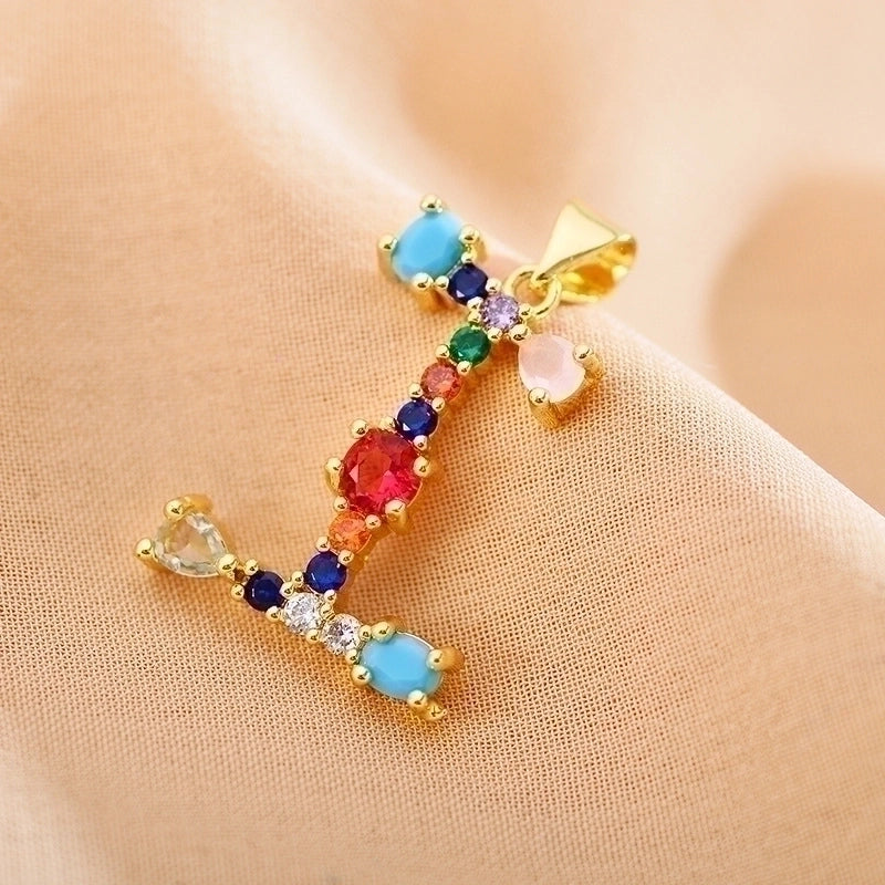Copper Gold Plated Modern Style Shiny Inlay Letter Glass Stone Zircon Pendant Necklace