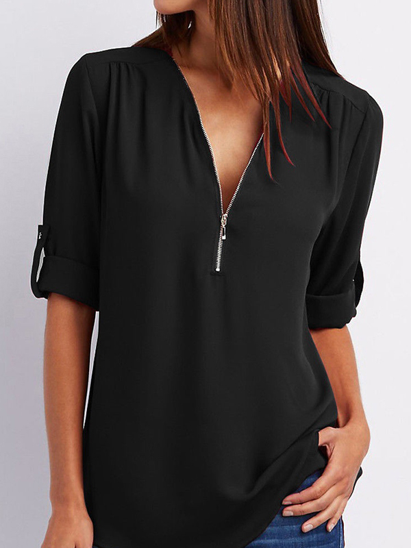 V Neck Zipper Patchwork Plain Blouses