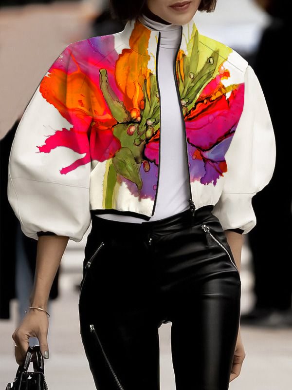 Loose Puff Sleeves Asymmetric Floral Printed Split-Joint High Neck Outerwear