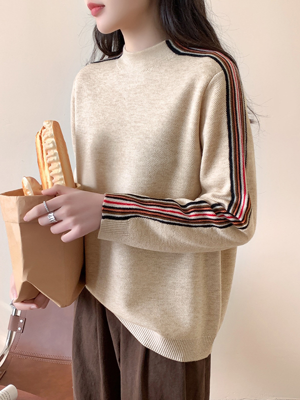 Long Sleeves Loose Contrast Color Striped Mock Neck Pullovers Sweater Tops