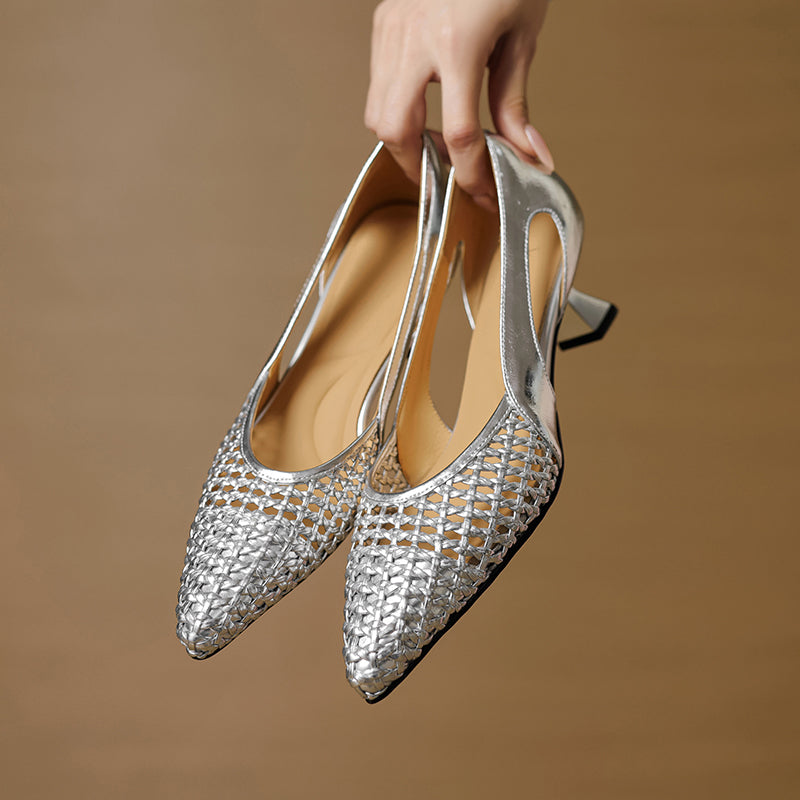 Pointed Toe Woven Kitten Heel Pumps Hollow Out Leather Fashion Office Shoes in Black/Beige/Silver