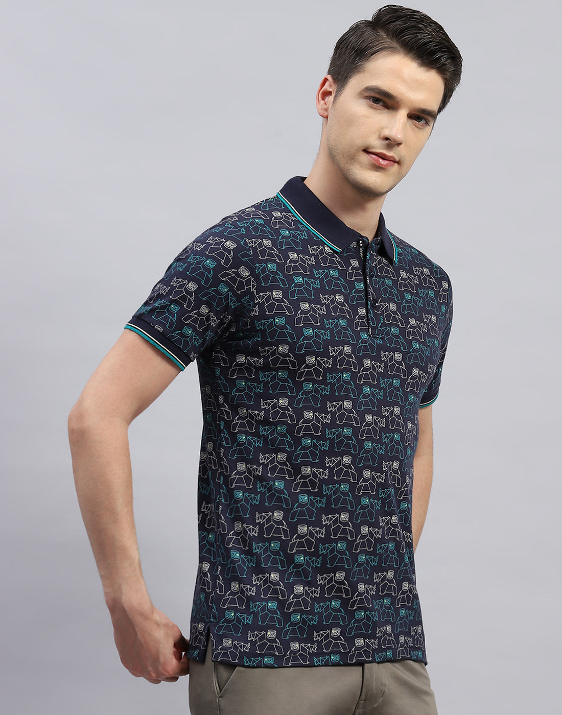 Men Navy Blue Printed Polo Collar Half Sleeve T-Shirt