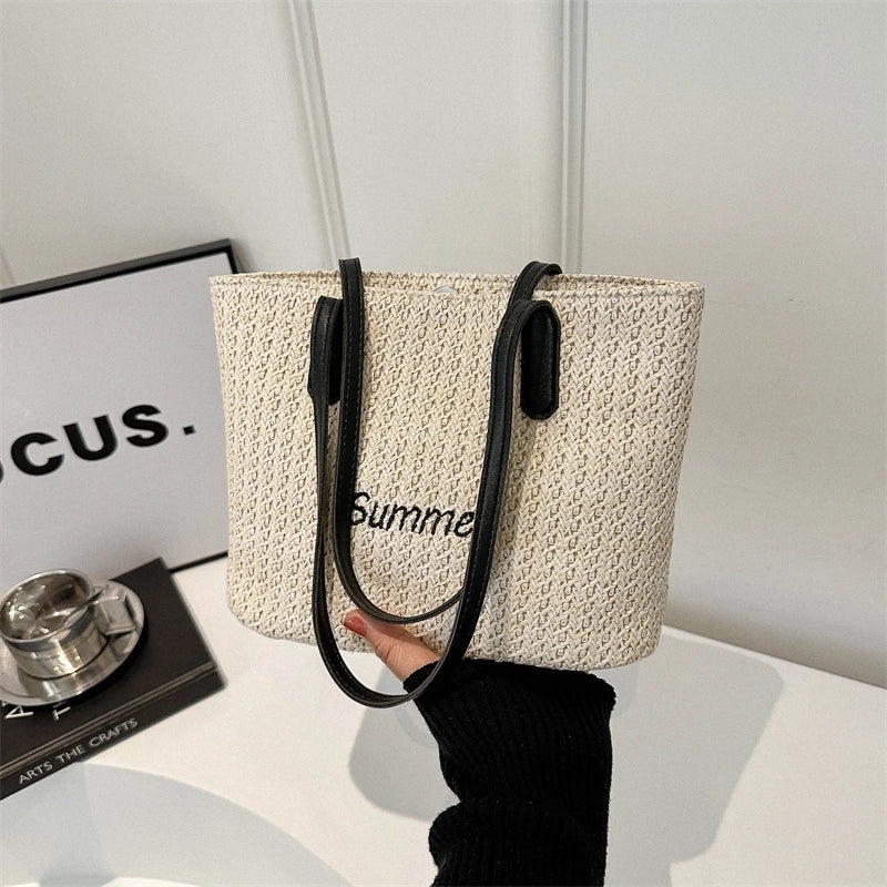 Women's Medium Straw Letter Vacation Beach Weave Zipper Straw Bag