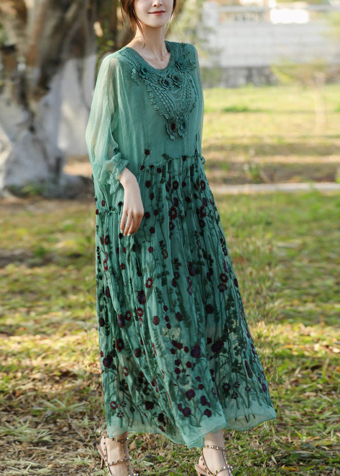 Stylish Lake Green Embroidered Patchwork Silk Long Dress Half Sleeve