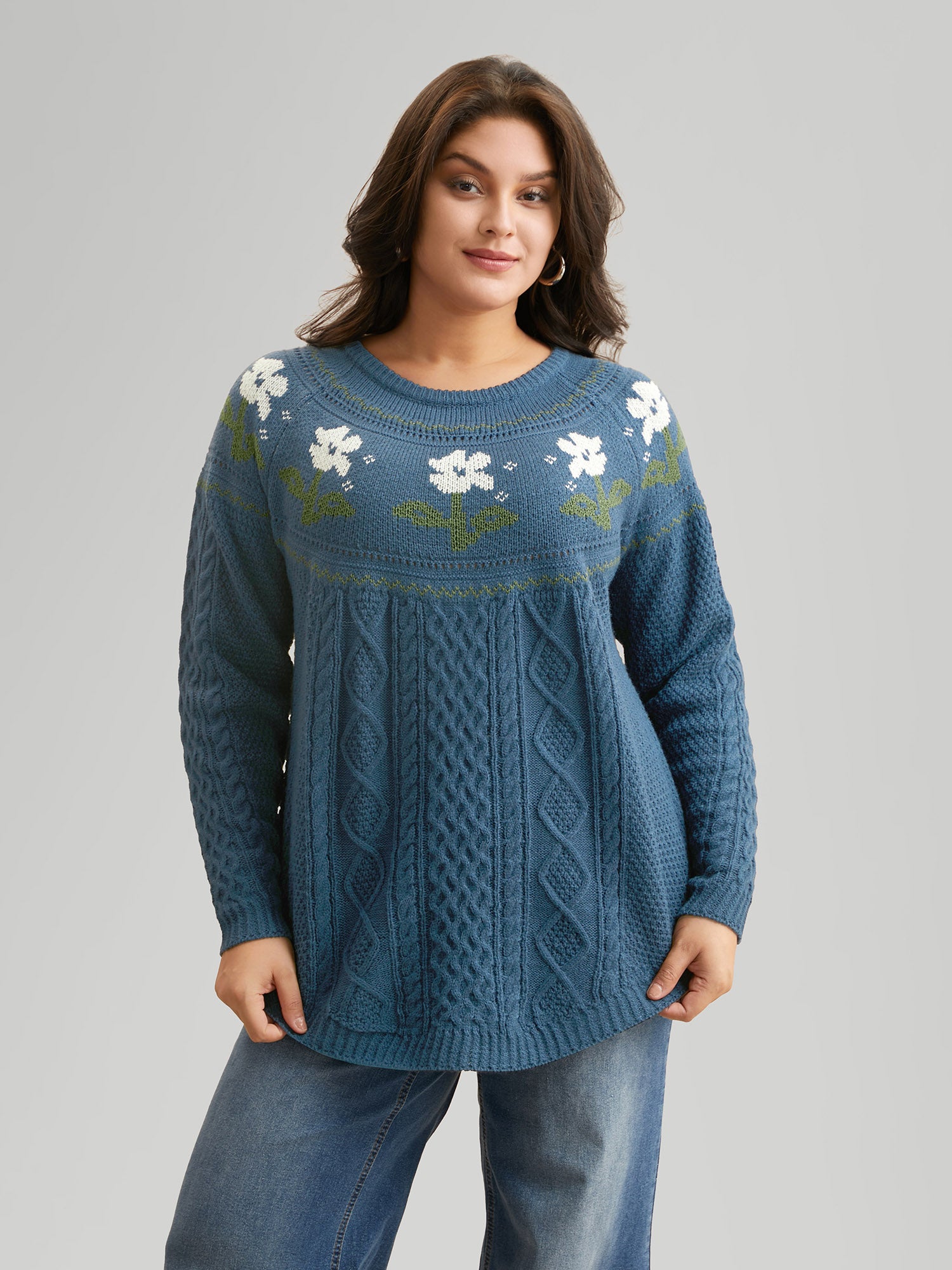 Floral Jacquard Raglan Sleeve Pullover