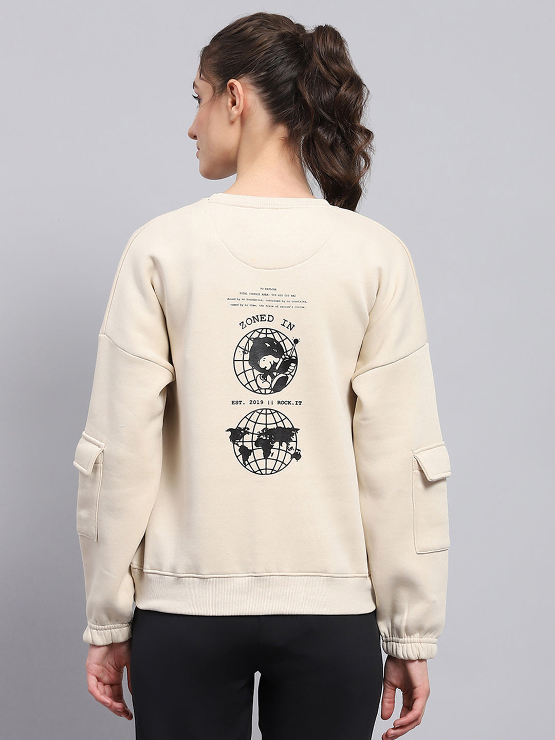 Women Beige Printed Round Neck Full Sleeve Sweatshirt