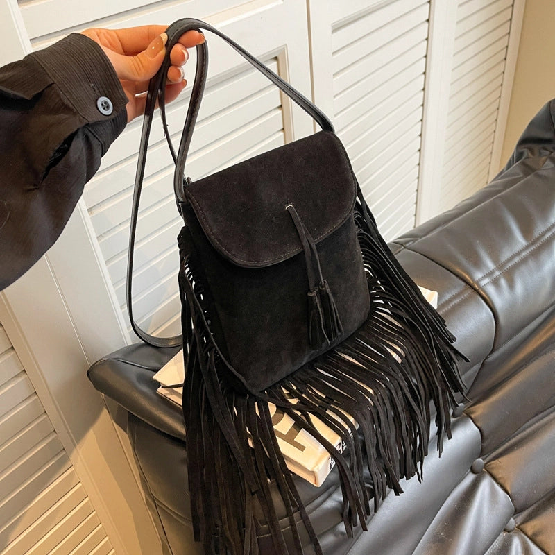 Women's Fabric Solid Color Vintage Style Tassel Square Magnetic Buckle Crossbody Bag