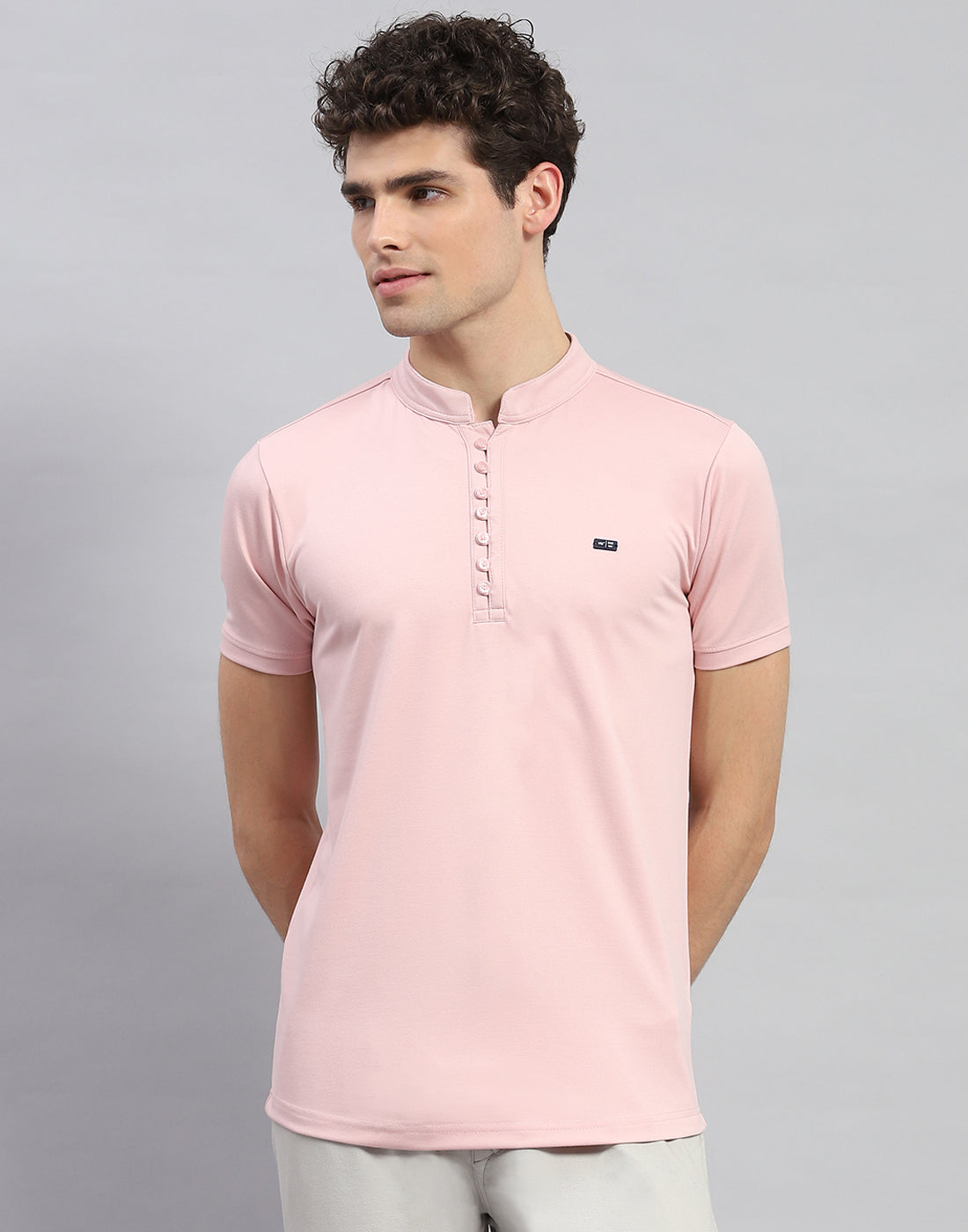 Men Pink Solid  Mandarin Neck Half Sleeve T-Shirt