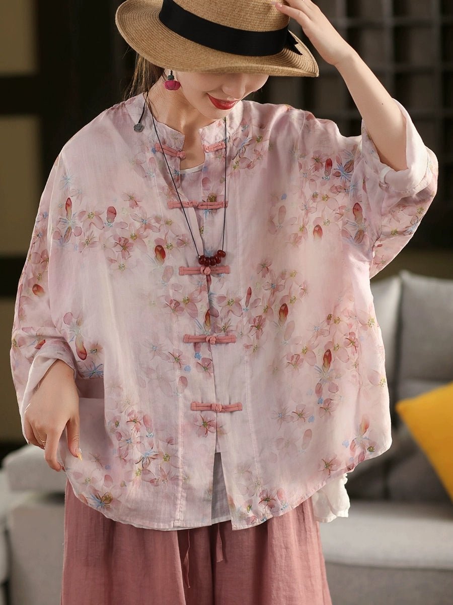 Women Summer Ethnic Flower Stand Collar 100%Raime Shirt