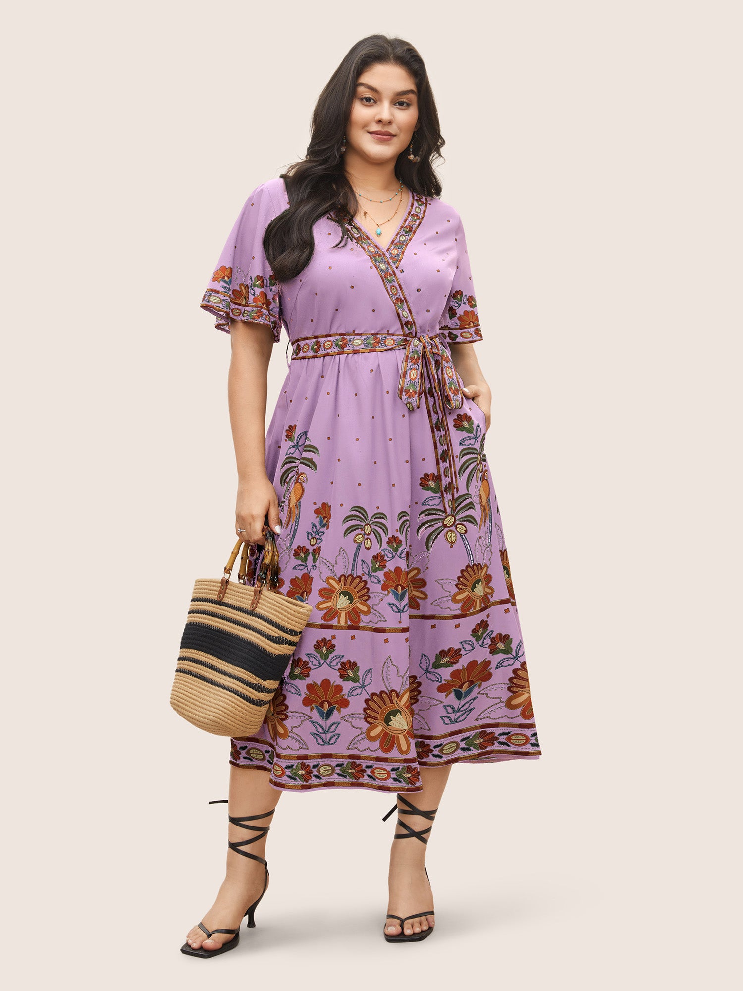 Bandana Print Surplice Neck Flutter Sleeve Dress