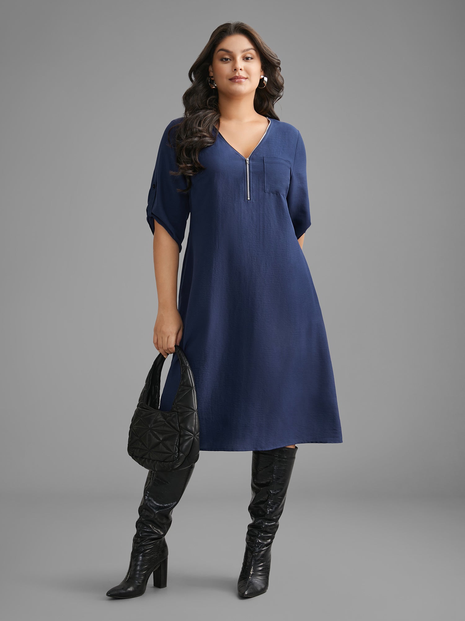 Solid Half Zip Tab Sleeve Dress