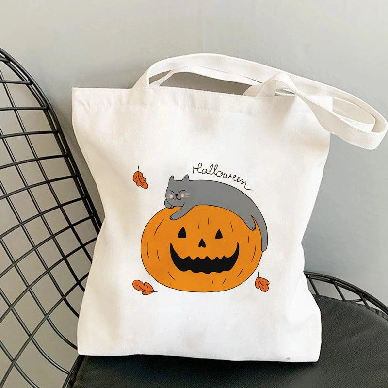 Halloween Unisex Canvas Animal Pumpkin Letter Streetwear Square Open Shoulder Bag Canvas Bag