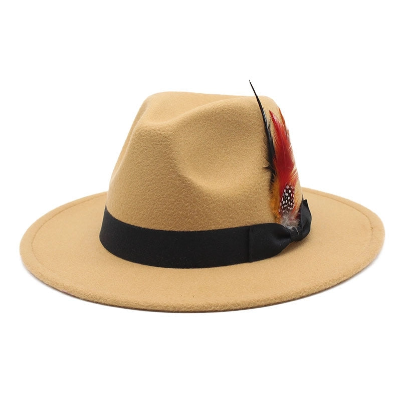 Bow Feather Top Hat Autumn And Winter Big Brim Hat Fashionable Men's And Women's Cashmere Felt Hat Style New Hats