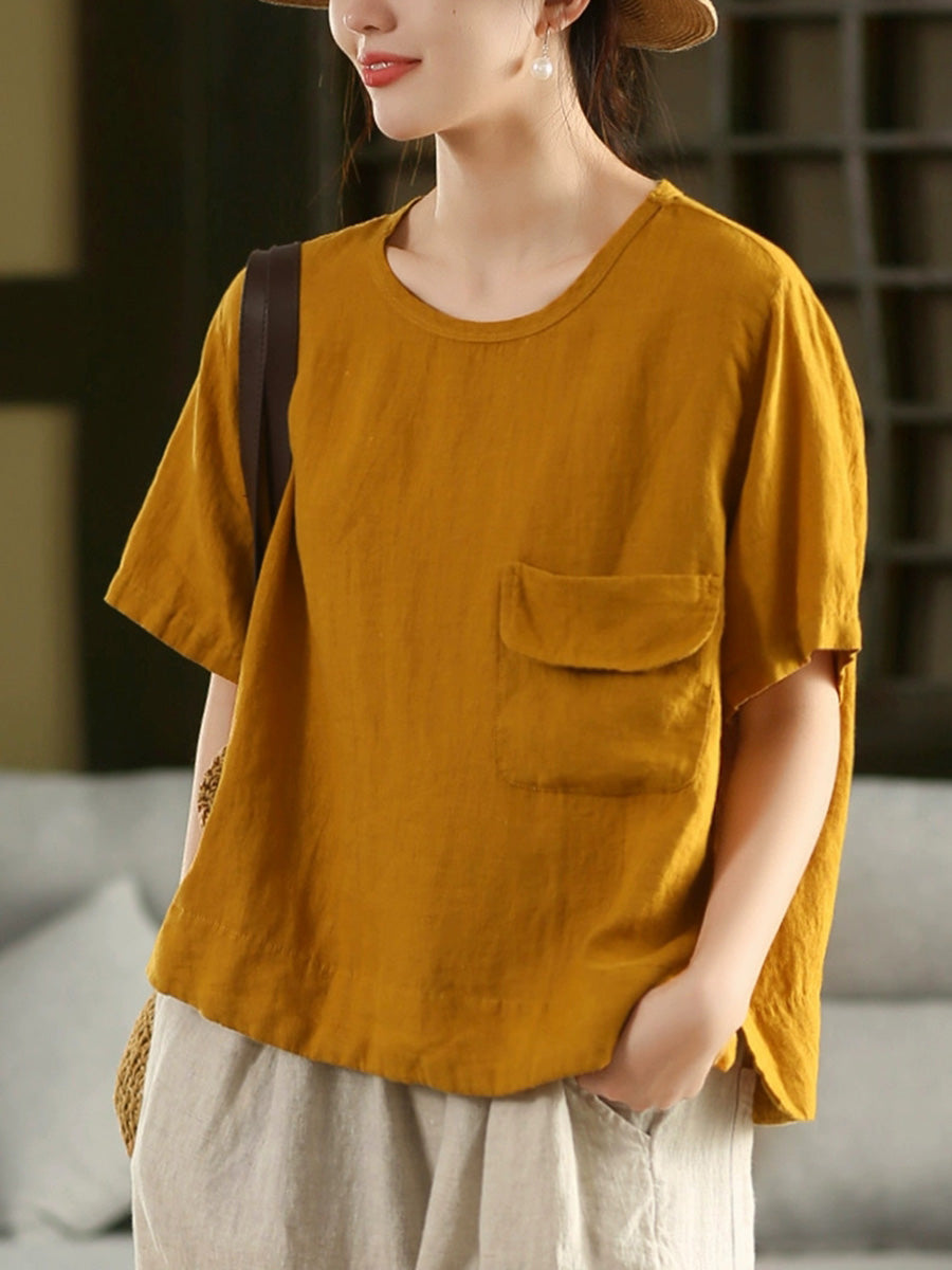 Women Summer Artsy Pure Color 100%Linen O-Neck Shirt