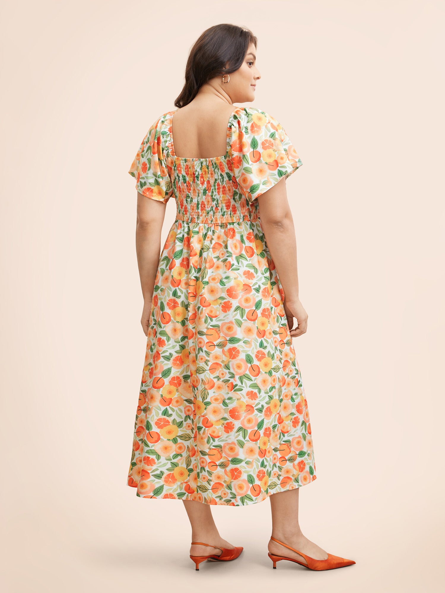 Floral Backless Shirred Square Neck Pocket Ruffle Hem Dress