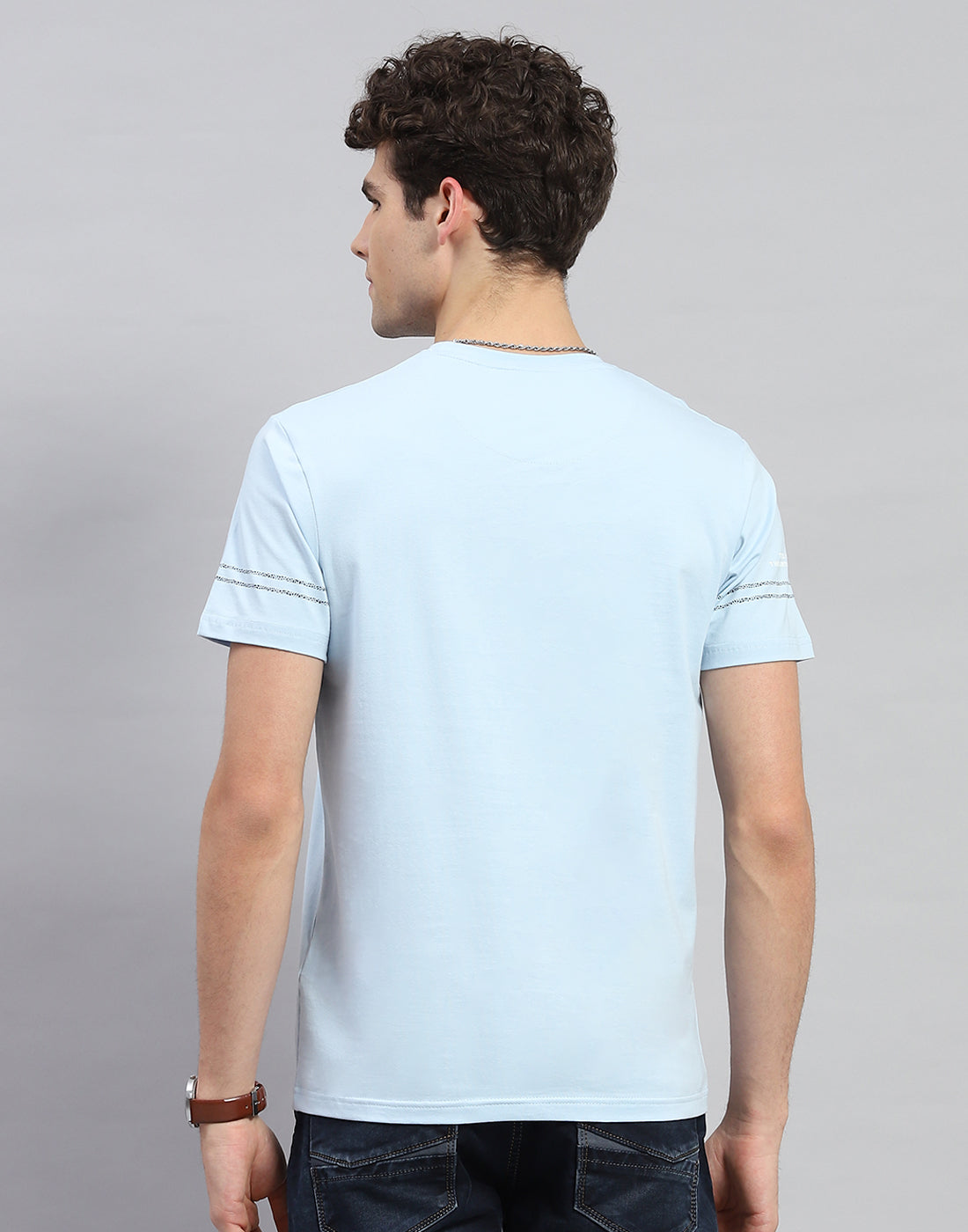 Men Sky Blue Printed Round Neck Half Sleeve T-Shirt