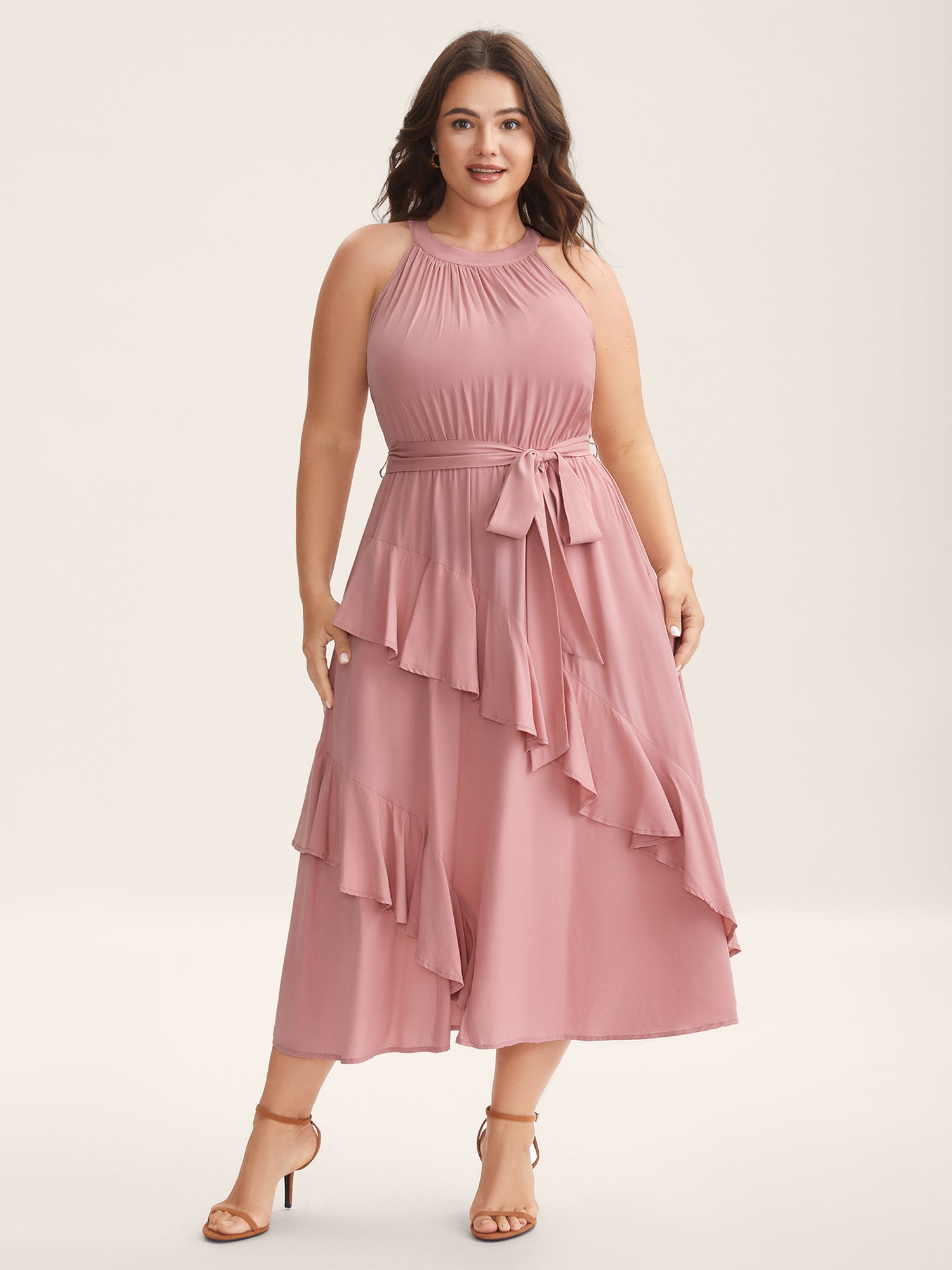 Ruffled Halter Neck Solid Midi Dress
