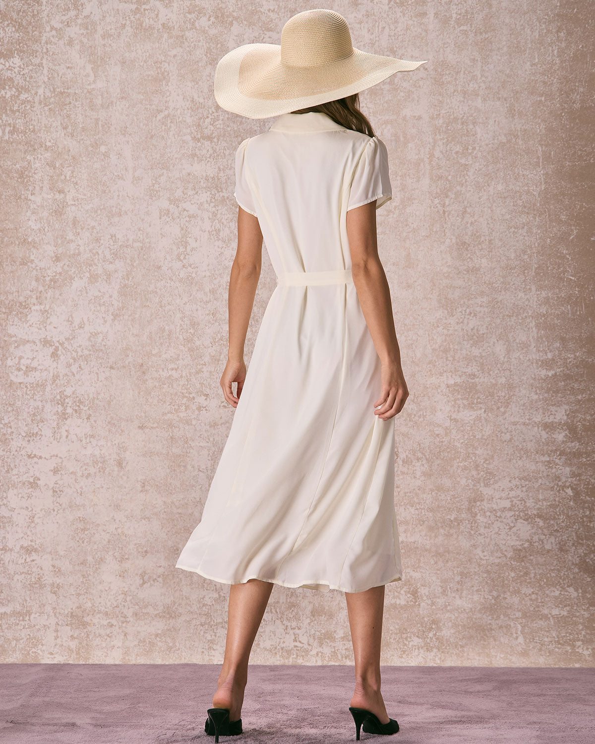 The Beige Lapel Collar Belted Shirt Midi Dress