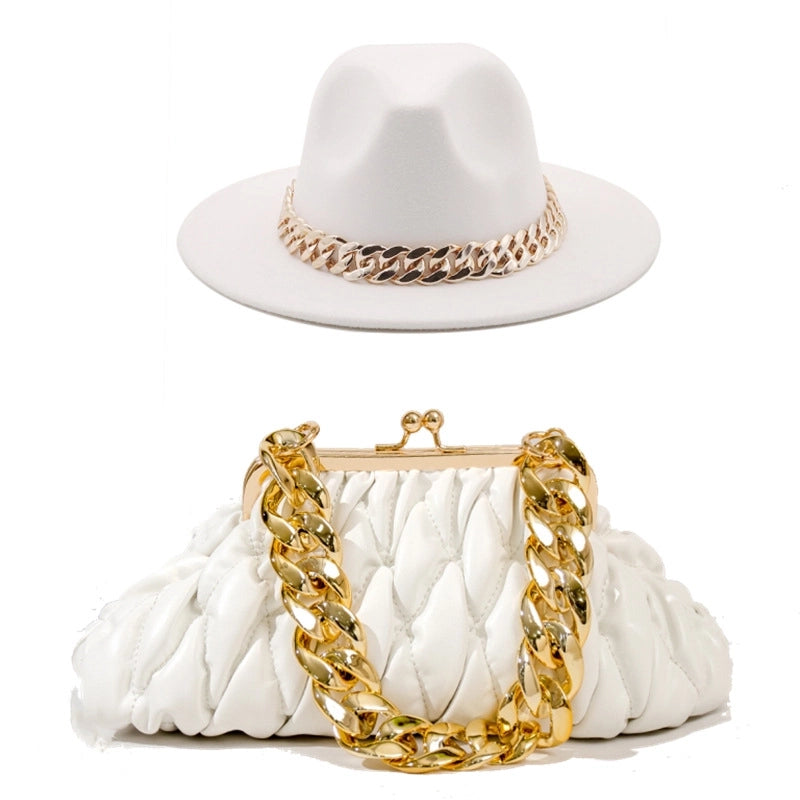 Women's British Style Solid Color Chain Flat Eaves Fedora Hat
