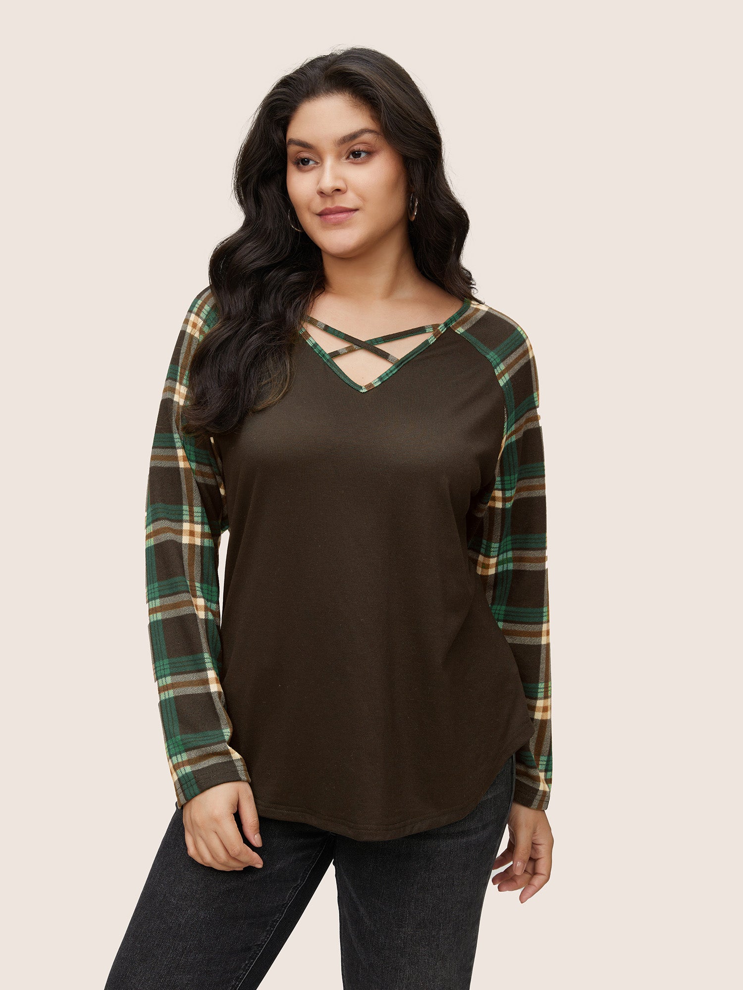 Plaid Patchwork Raglan Sleeve Crisscross T-shirt