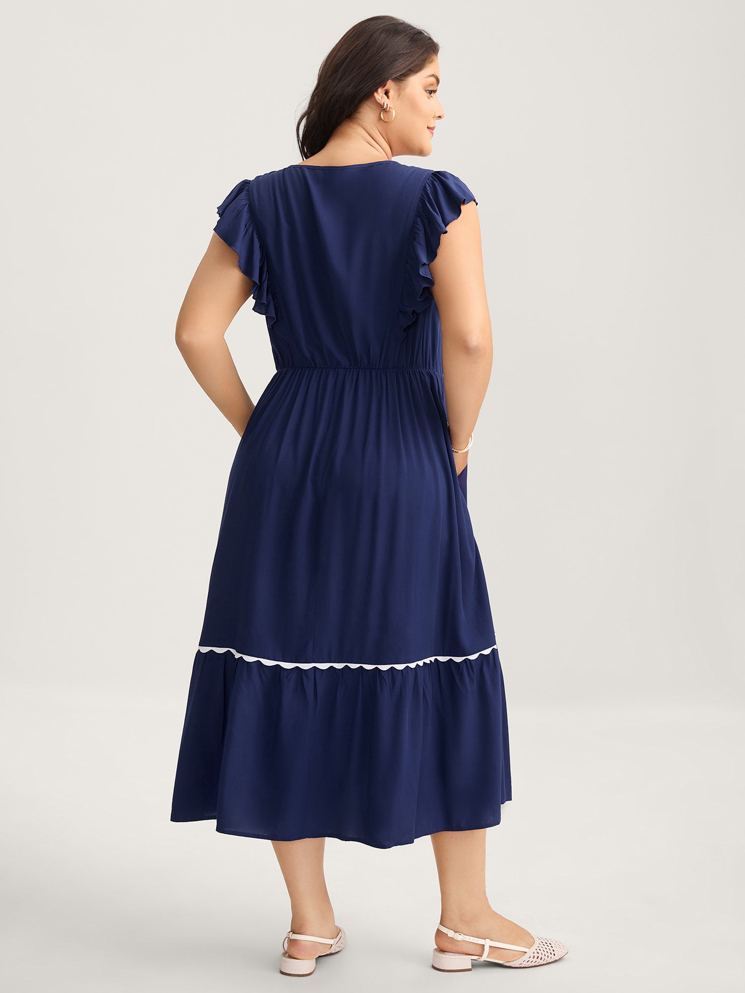 Rayon Collar Ribbon Contrast Pockets Midi Dress