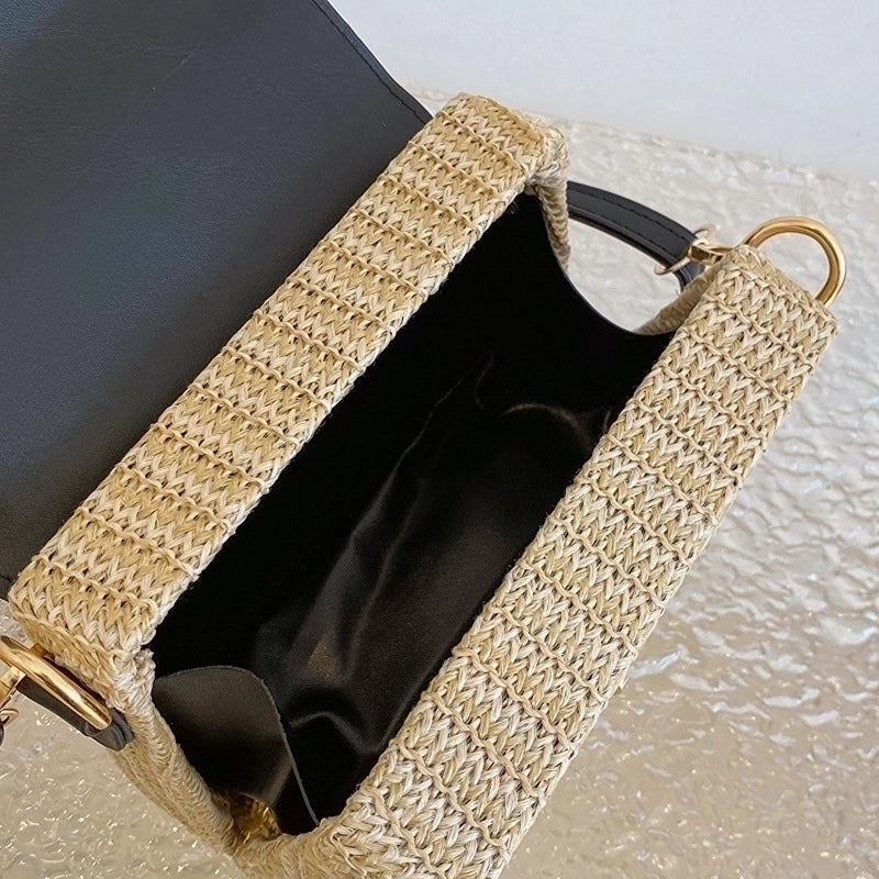 Women's Small Straw Color Block Vacation Beach Weave Square Lock Clasp Crossbody Bag Straw Bag