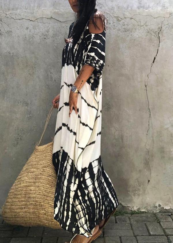 French Black White Tie Dye Cold Shoulder kimono Robe  Cotton Dress