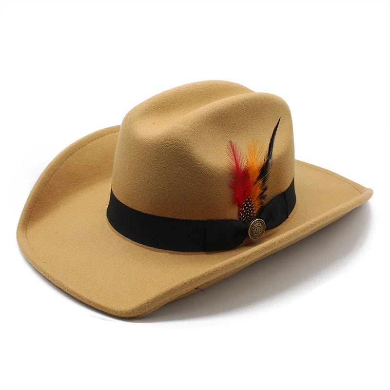 Men's Woolen Western Black Cowboy Hat Feather Hump Autumn And Winter Riding Fashion Hat