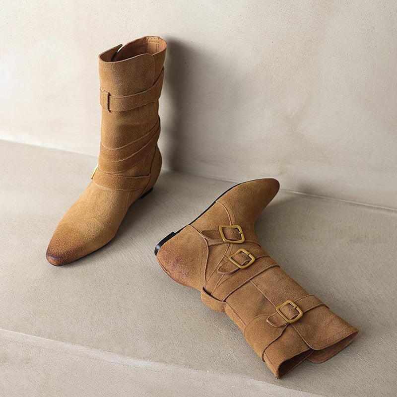 Womens Suede?Leather Mid Calf Boots 45mm Block Heel with Buckles In Khaki/Brown