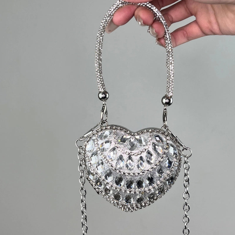 Silver Tassel Love Portable Silver Big Diamond Love Portable Silver Small Diamond Love Portable Plastic Metal Heart Shape Tassel Heart-shaped Evening Bags