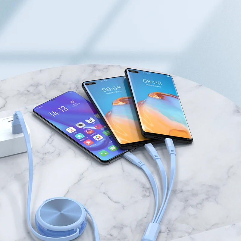 2 in 1 Android usb charger cable fast charging usb type c retractable charger 3 in 1 usb cable reel