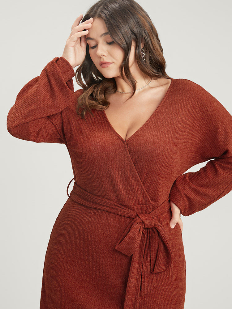 Solid Surplice Neck Belted Knit Dress